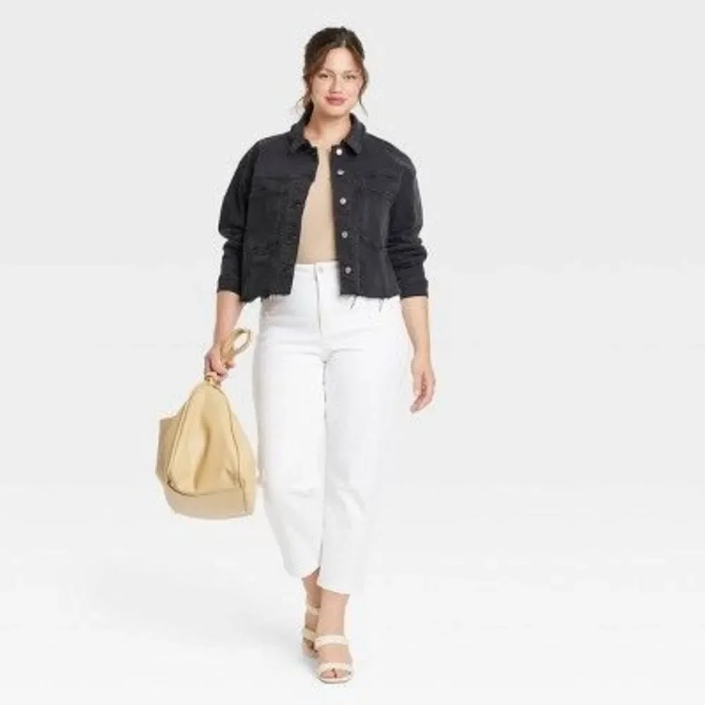 Women's Plus Size Cropped Denim Jacket - Ava & Viv Black Denim 3X - Picture 2 of 2
